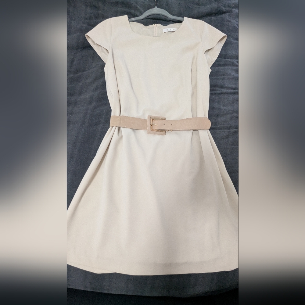 Cream Belted Sheath Dress.